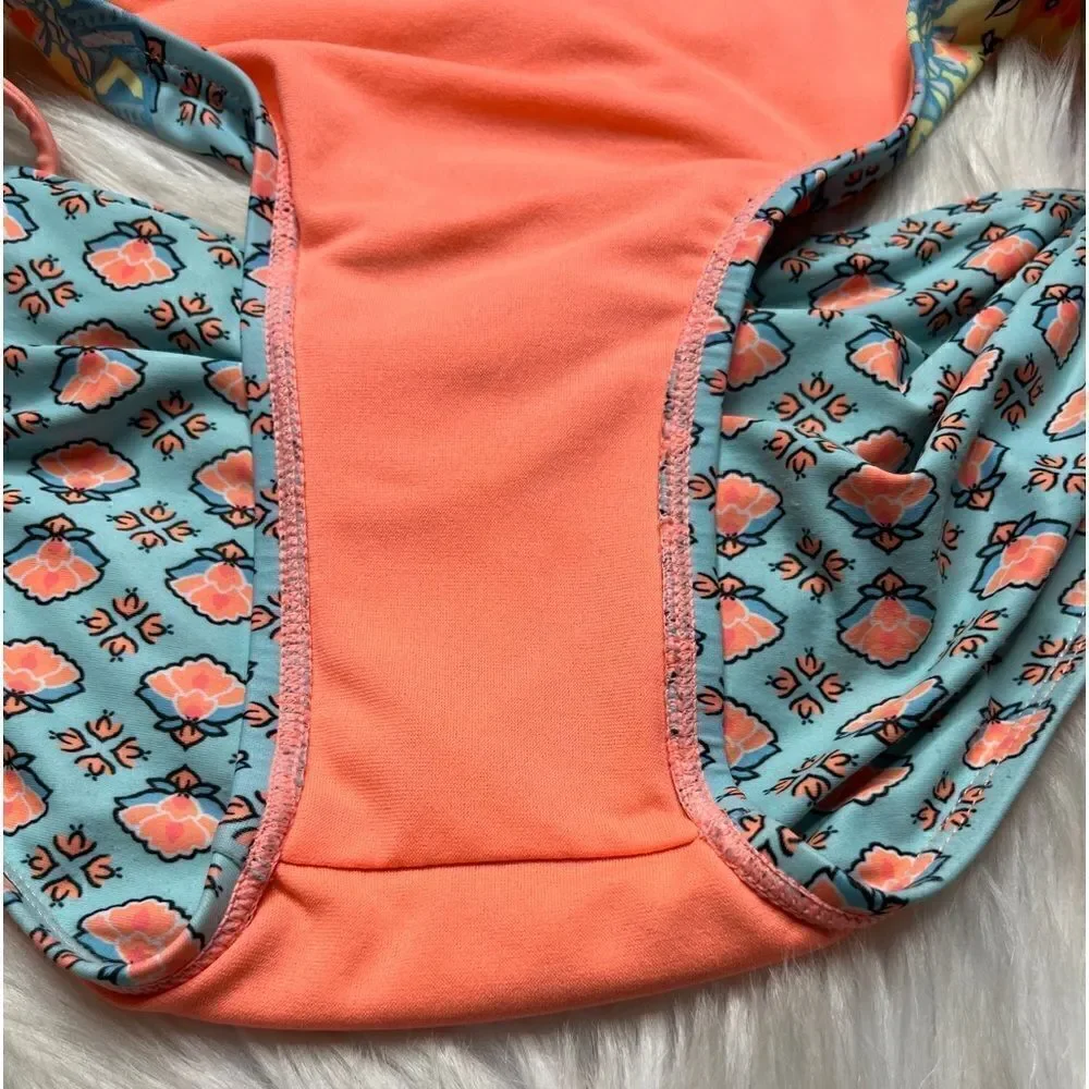Justice Boho Side Tie Full Back Bikini Bottoms Blue & Peach Size 18